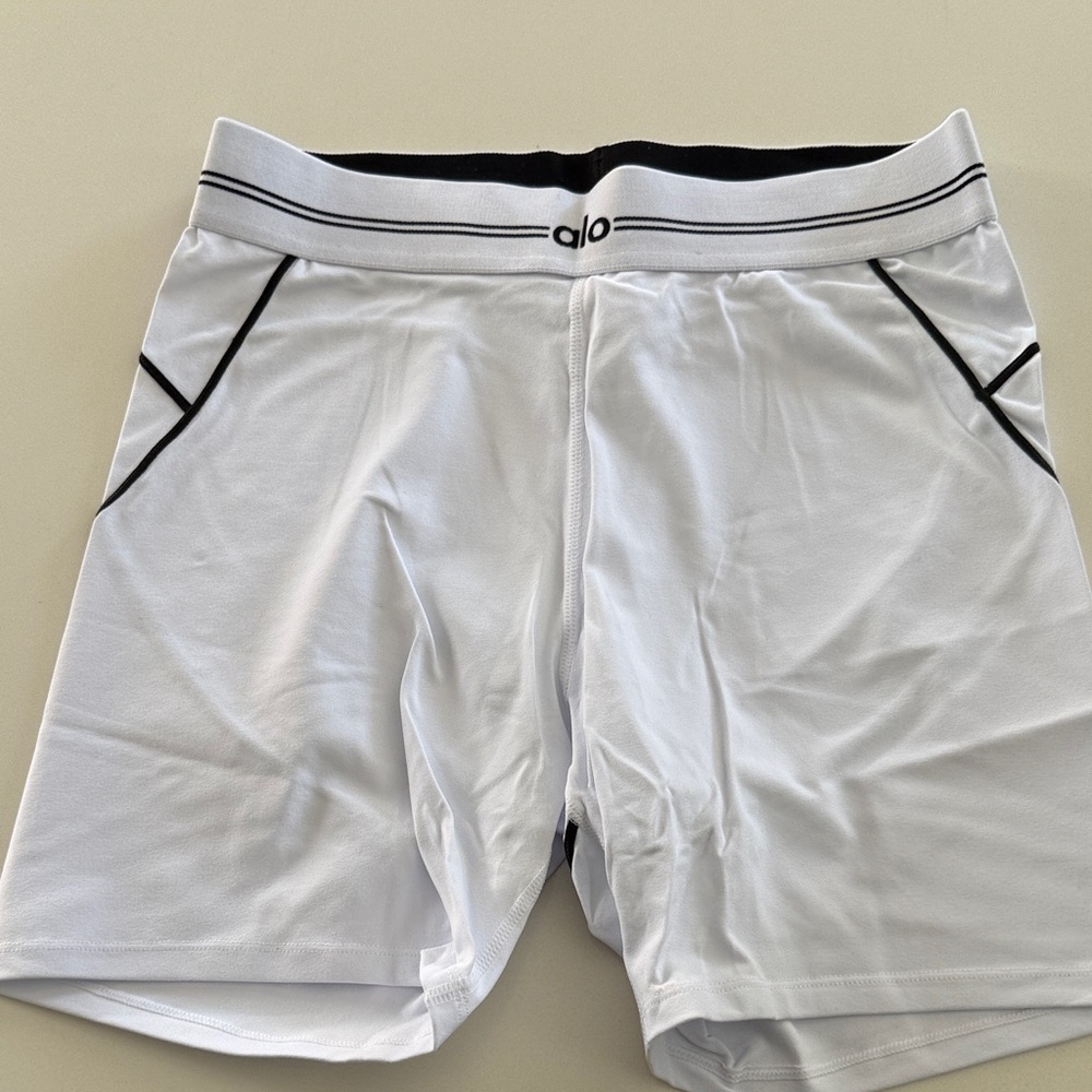 ALO Yoga White Compression Shorts with Black Waistband